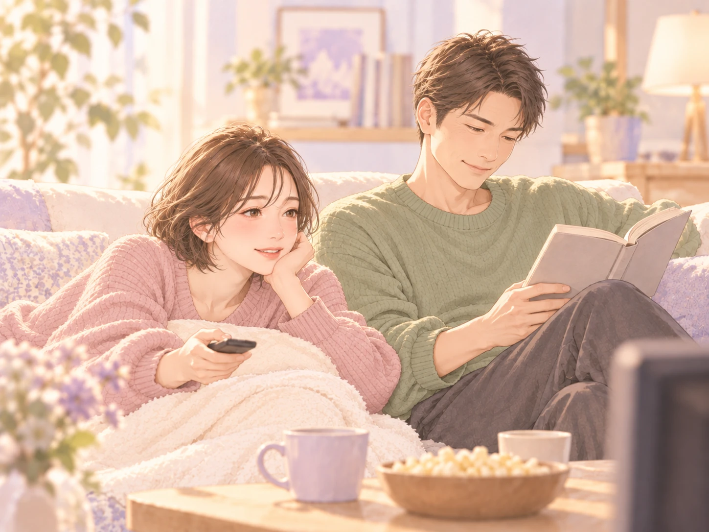 同じソファで、本とテレビをそれぞれ楽しみながら穏やかに過ごす男女のイラスト