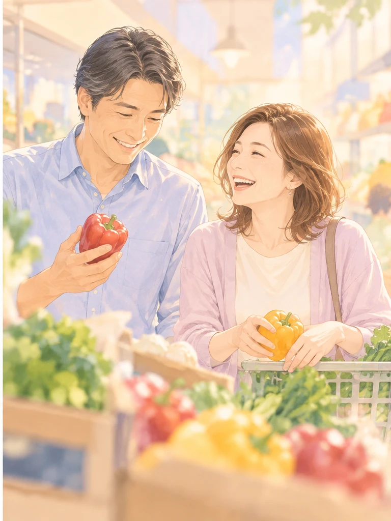 スーパーで一緒に買い物を楽しむ男性と女性のイラスト